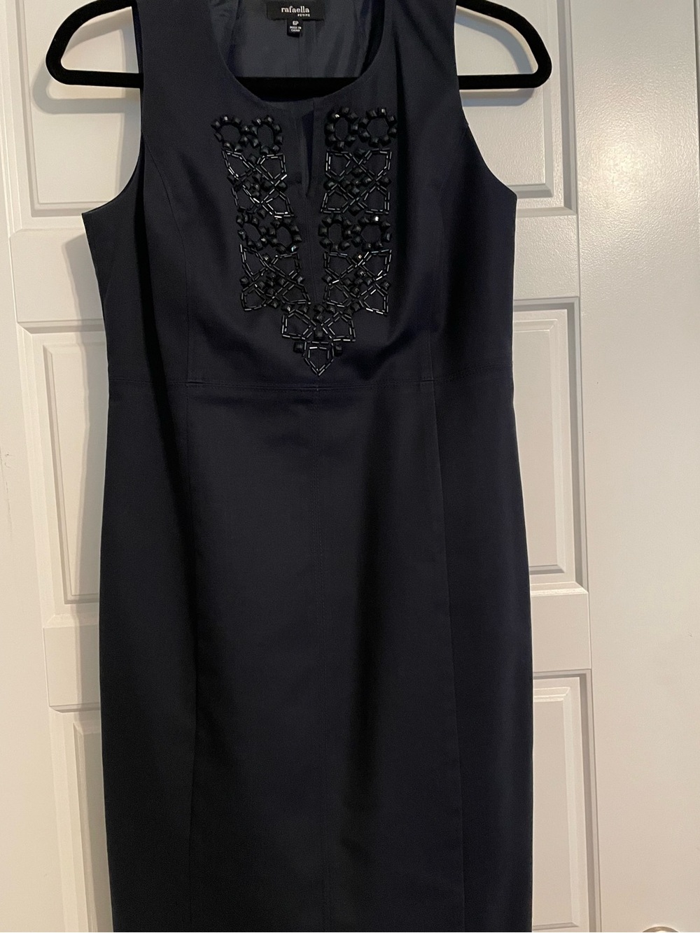 Rafaella Navy Sleeveless Sheath Dress with Front Beading